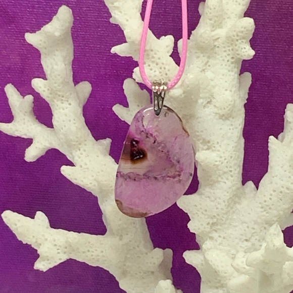 Pink Druzy Geode Agate Slice Pendant Necklace on Waxed Cotton Cord Handmade - Picture 8 of 14